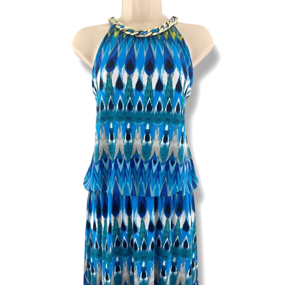 Dressbarn Blue Ikat Print Gold Chain Halter Neck Blouson Maxi Dress Sz 16 Summer - Picture 2 of 9